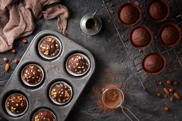 Top view assortment of chocolate cupcakes