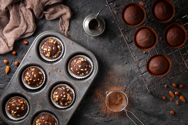 Top view assortment of chocolate cupcakes