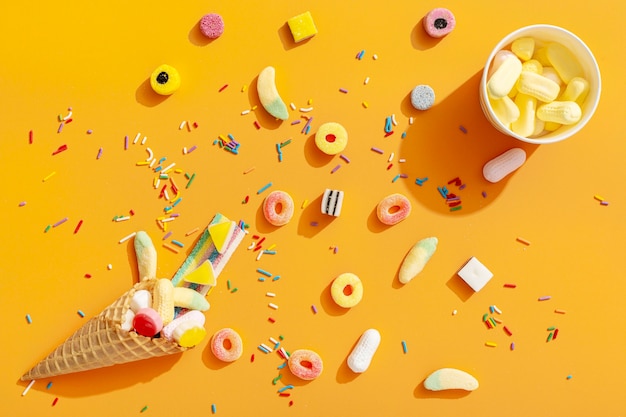 Top view of assortment of colorful sweets