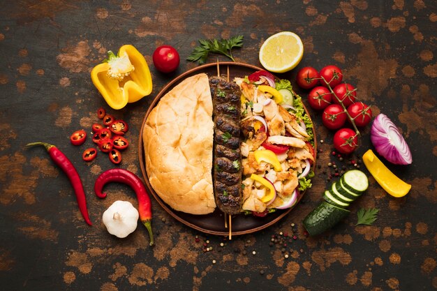 Top view of assortment of delicious kebabs with vegetables