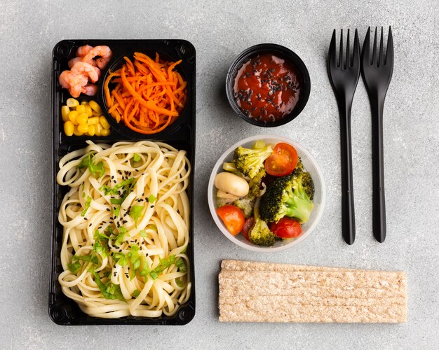 Top view assortment of different foods on the table