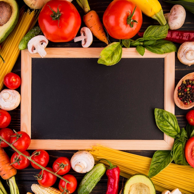 Top view assortment of different vegetables with empty blackboard