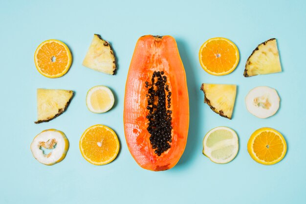 Top view assortment of exotic fruits on the table