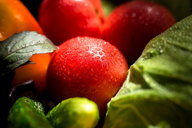 Top view assortment of fresh autumnal vegetables and fruits