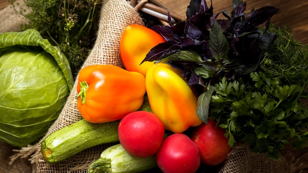 Top view assortment of fresh autumnal vegetables