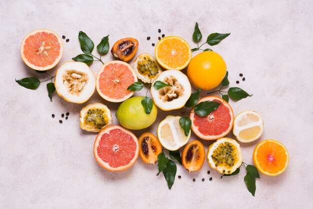 Top view assortment of fresh and exotic fruits