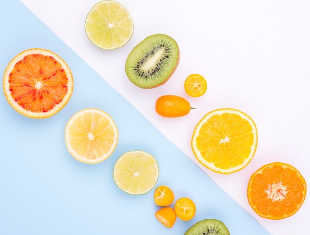 Top view assortment of fresh fruits on the table