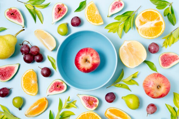 Top view assortment of fresh vegetables and fruits