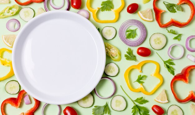 Top view assortment of fresh vegetables on the table