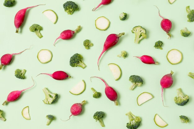 Top view assortment of fresh vegetables on the table