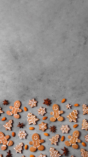 Free photo top view of assortment of gingerbread cookies with copy space