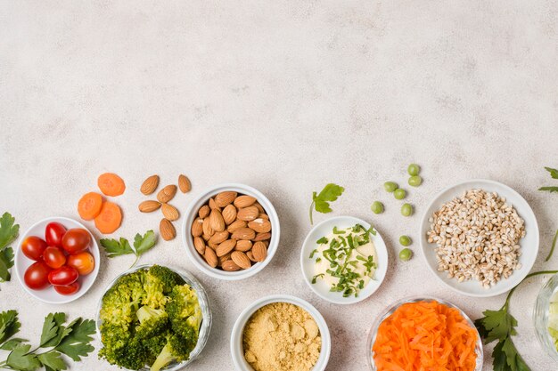 Top view of assortment of healthy food with copy space