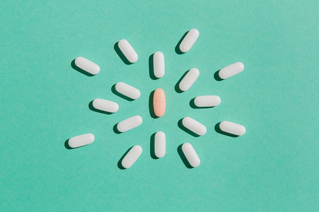 Top view assortment of medical drugs on the table