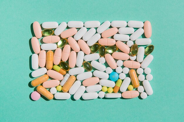 Top view assortment of medicine on the table