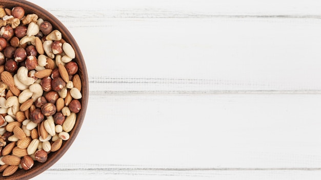 Top view of assortment of nuts with hazelnuts