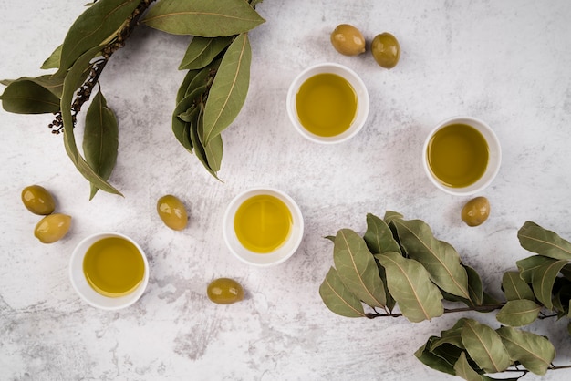 Top view assortment of olive oil