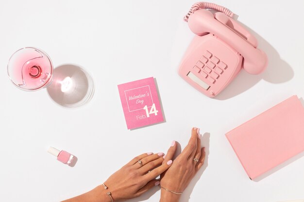 Top view of assortment of pink items for valentine's day