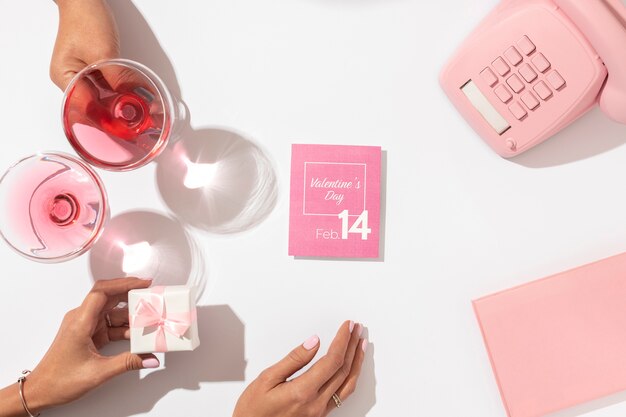 Top view of assortment of pink items for valentine's day