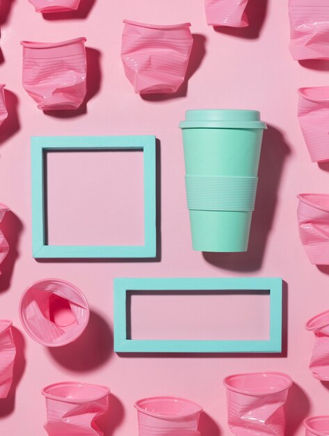 Top view assortment of plastic cups on the table