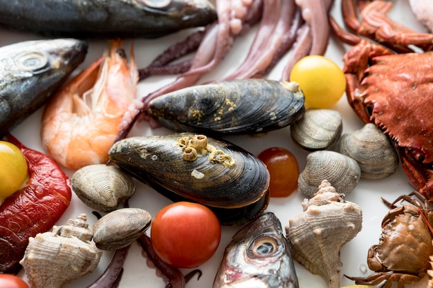 Top view of assortment of seafood with mussels and squid