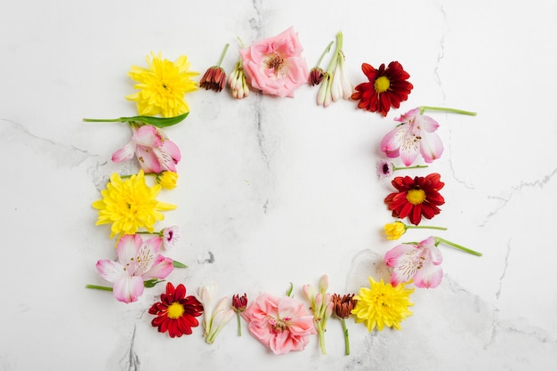 Top view of assortment of spring flowers