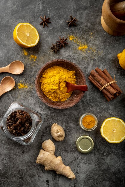 top view assortment of tasty food and ingredients