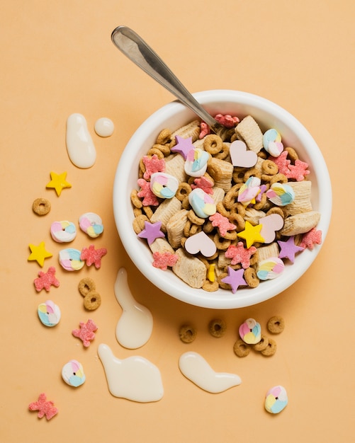 Free photo top view assortment with bowl with cereals and spoon