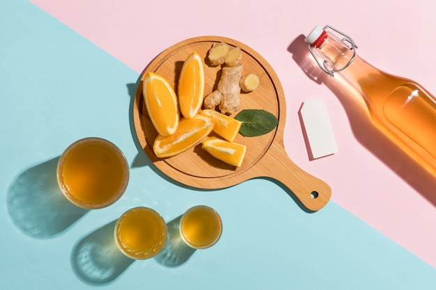 Top view assortment with delicious kombucha drink