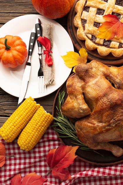 Top view assortment with delicious turkey and pie