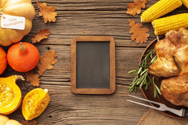 Top view assortment with food and wooden frame 