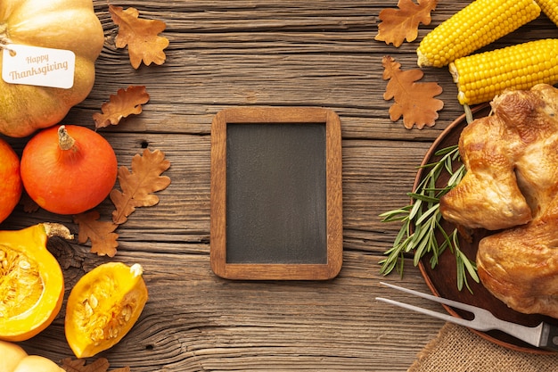 Top view assortment with food and wooden frame 