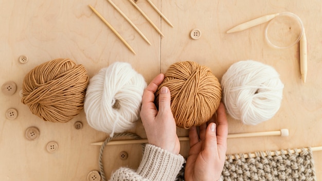 Top view assortment with knitting tools