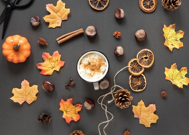 Top view autumn arrangement on gray background