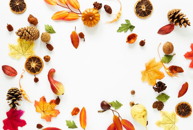 Top view autumn arrangement on white table