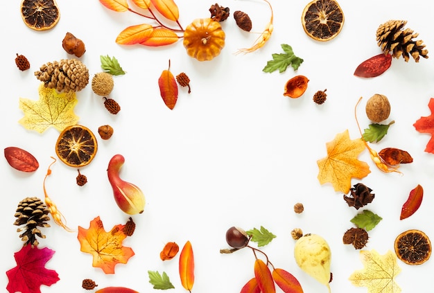 Top view autumn arrangement on white table