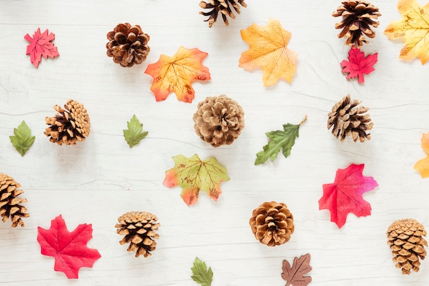 Top view autumn arrangement on wooden table