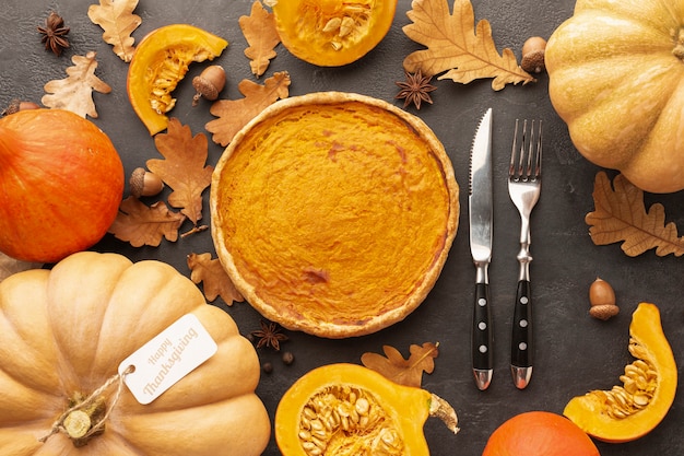 Free photo top view autumn assortment with pumpkins and pie