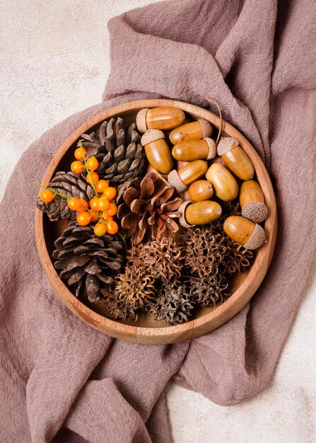 Top view of autumn ball with pine cones and acorns