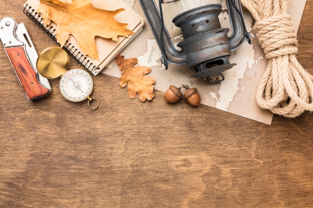 Top view of autumn essentials with copy space