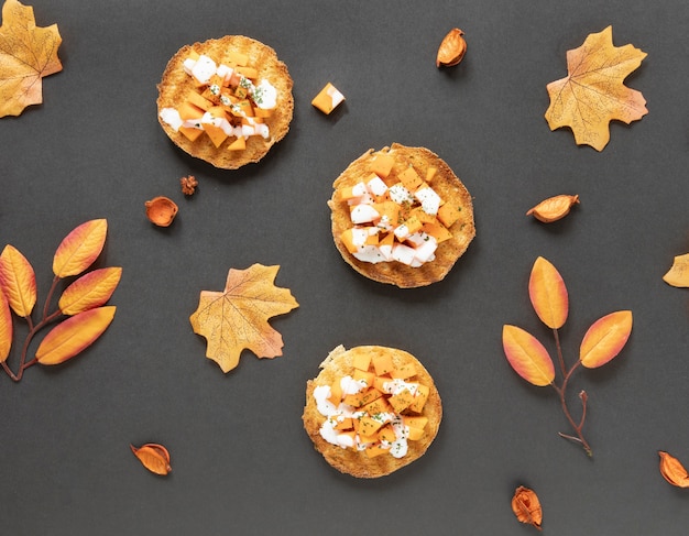 Top view autumn food with gray background
