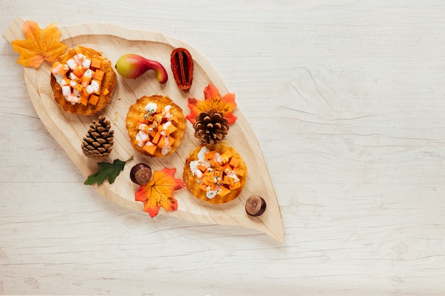 Top view autumn food with wooden background