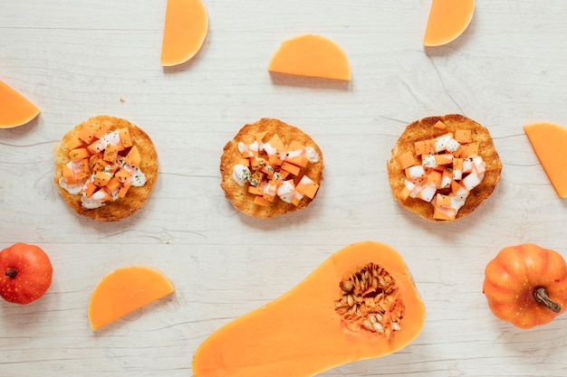 Top view autumn food with wooden background