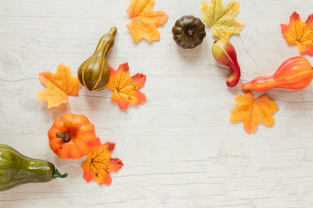 Top view autumn food with wooden background