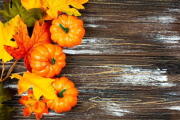 Top view autumn food with wooden background