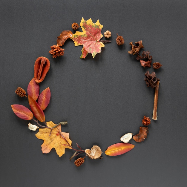 Top view autumn leaves on gray background