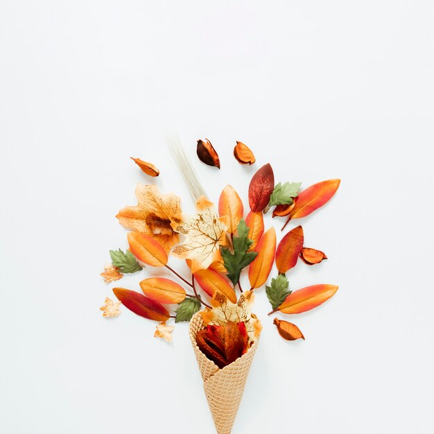 Top view autumn leaves in ice cream cone