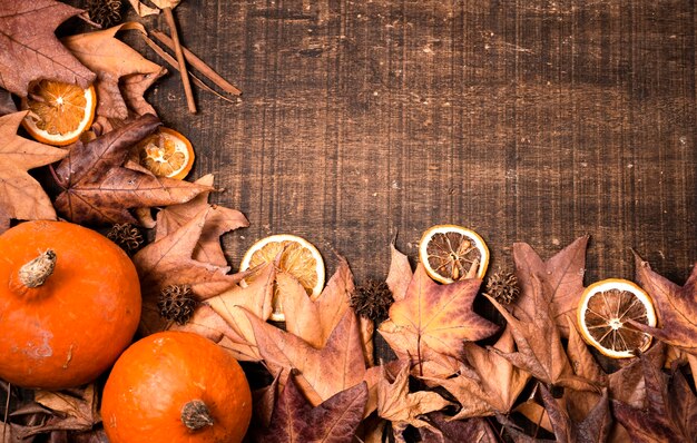 Top view of autumn leaves for thanksgiving with copy space