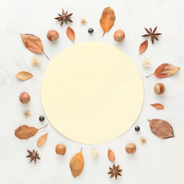 Top view of autumn leaves with chestnuts