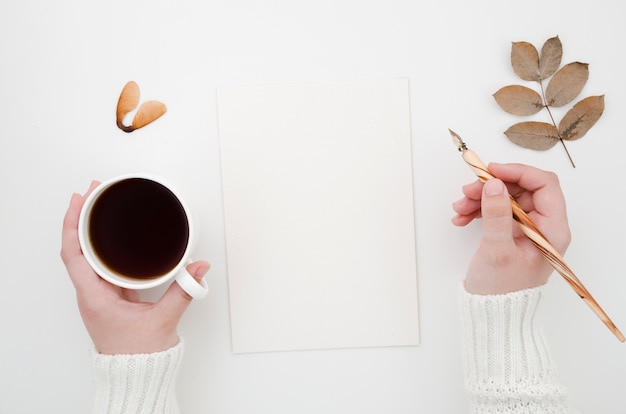 Top view autumn leaves with coffee