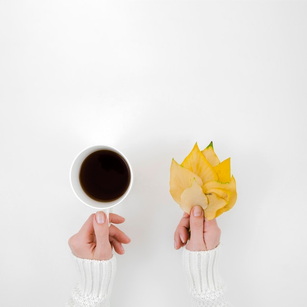 Top view autumn leaves with coffee